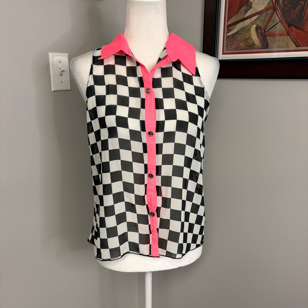 Body Central Womens Neon Pink Checkered Sleeveless Button Up Chiffon Top Medium